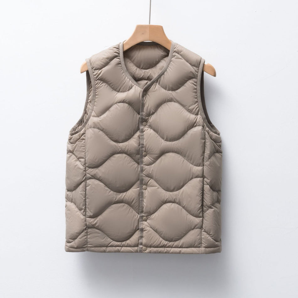 STOCK-Pinghu Velvet Down Vest – Round Neck & V-Neck Solid Color