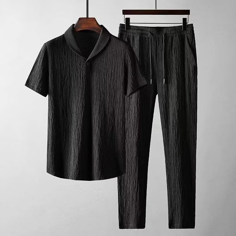 Men's Pleated Cuban Collar Summer Two-Piece Set