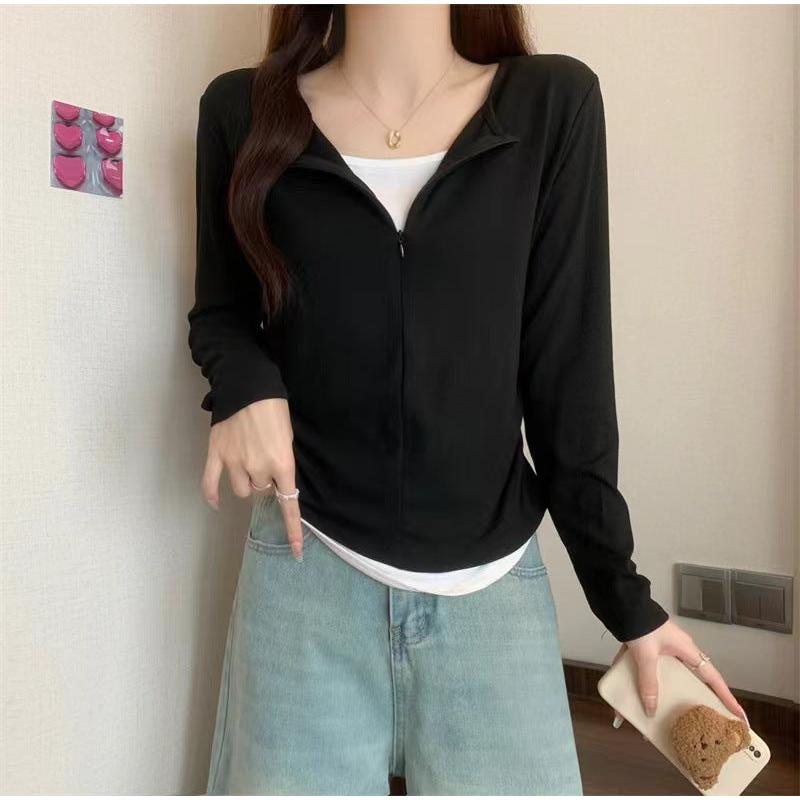 STOCK-Angola Red Fake Two-Piece Zipper Long-Sleeved T-Shirt for