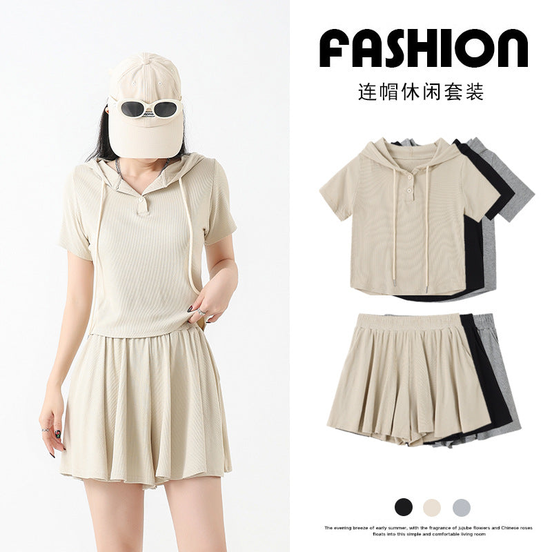 STOCK-Hooded Top Shorts Casual Set Women