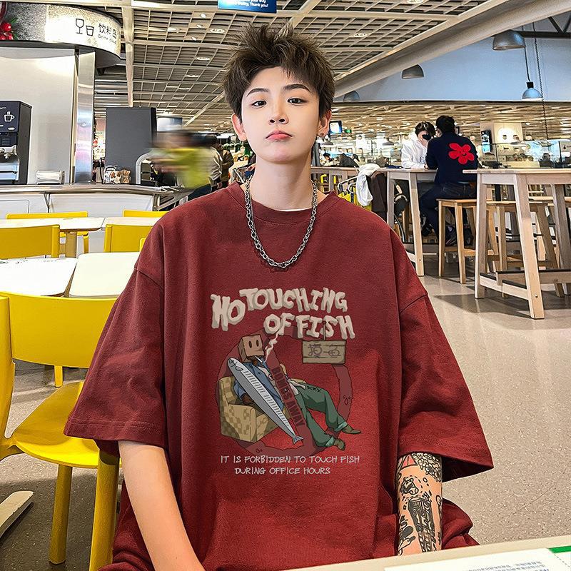 Wine Red Heavy Cotton T-Shirt – Retro American Style