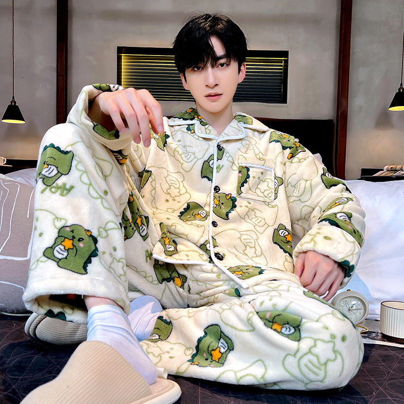 Men’s Coral Fleece Pajamas Winter Warm Flannel Suit