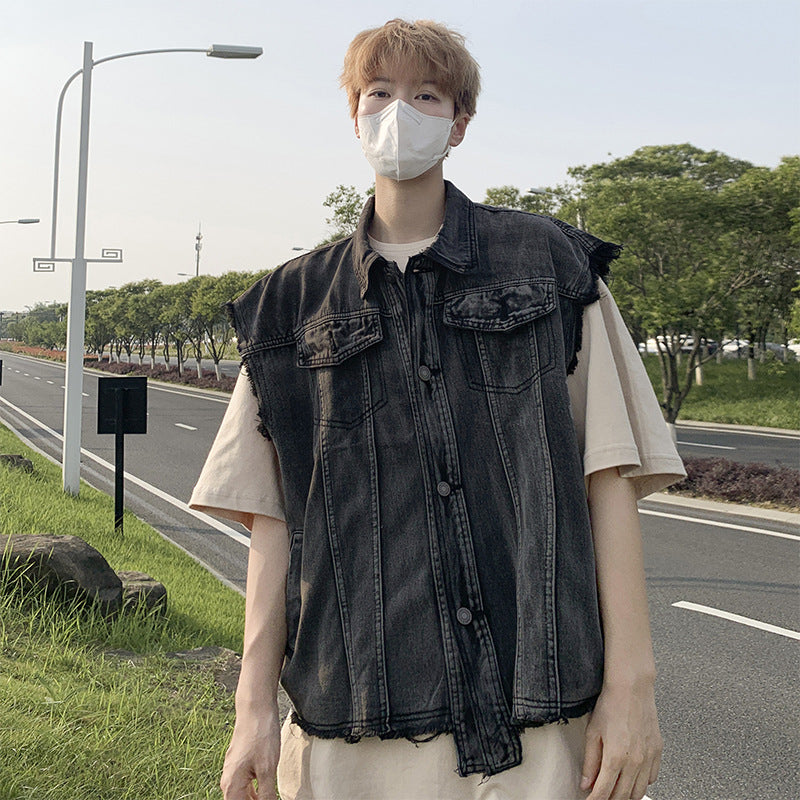 Men’s Workwear Denim Vest – Smoke Gray Raw Edge Waistcoat