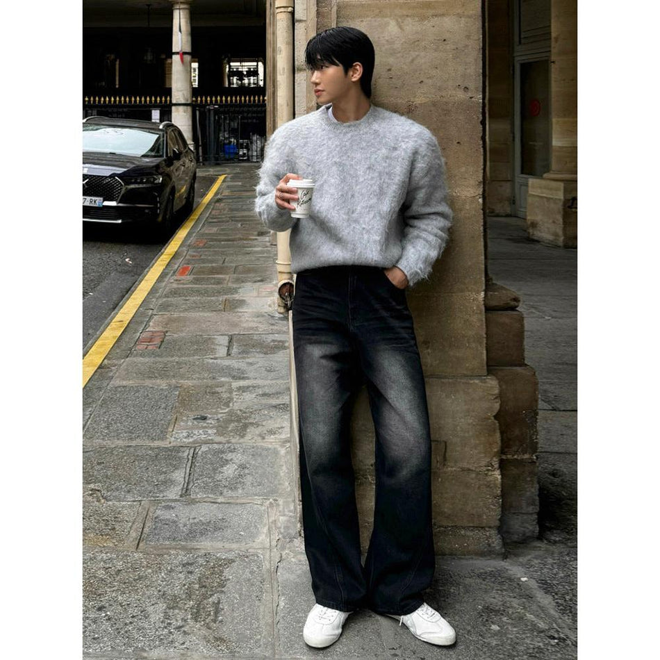 Men’s Korean Style Warm Wide-Leg Straight Jeans Pants