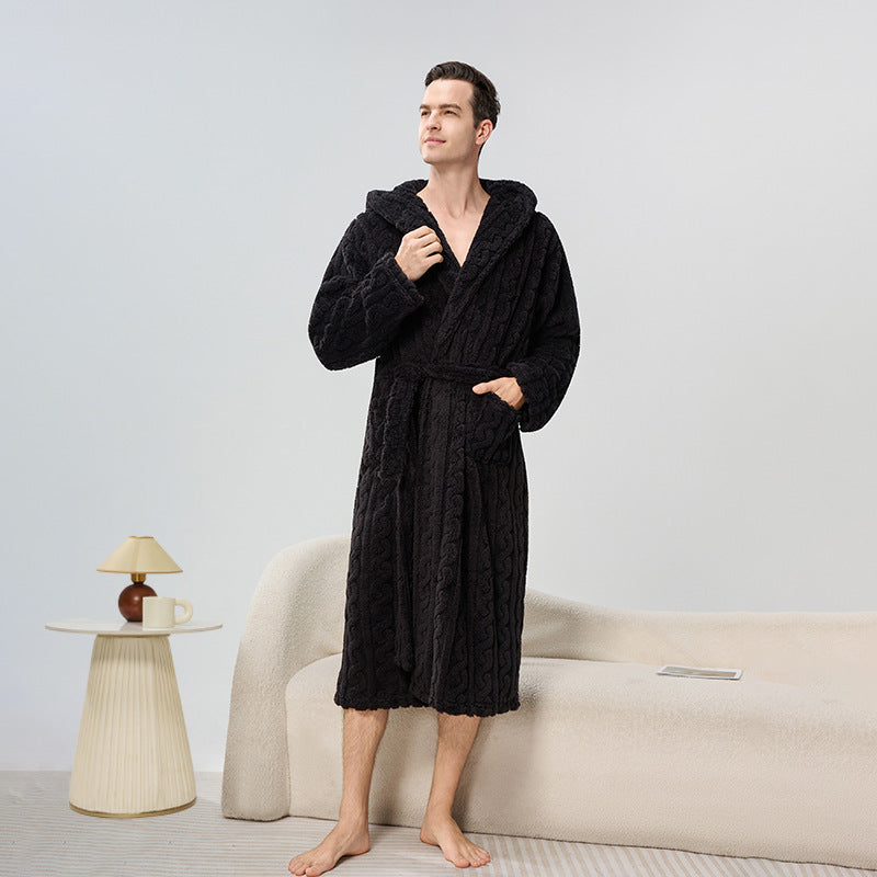Men’s Jacquard Velvet Bathrobe – Thick Warm Autumn Winter Robe