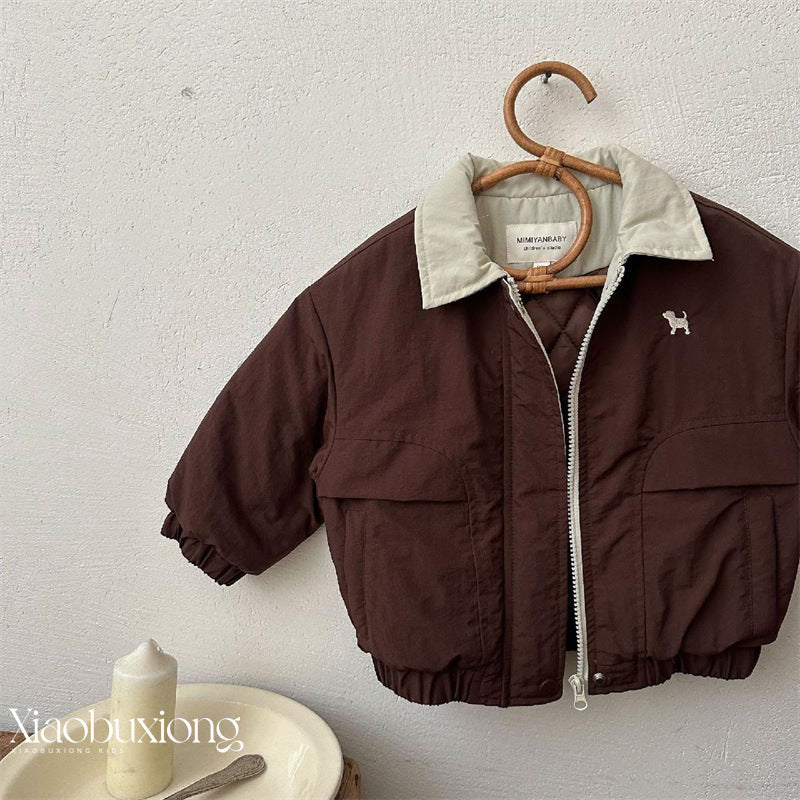 Boys’ Cartoon Puppy Baseball Jacket – Cotton-Padded Coat