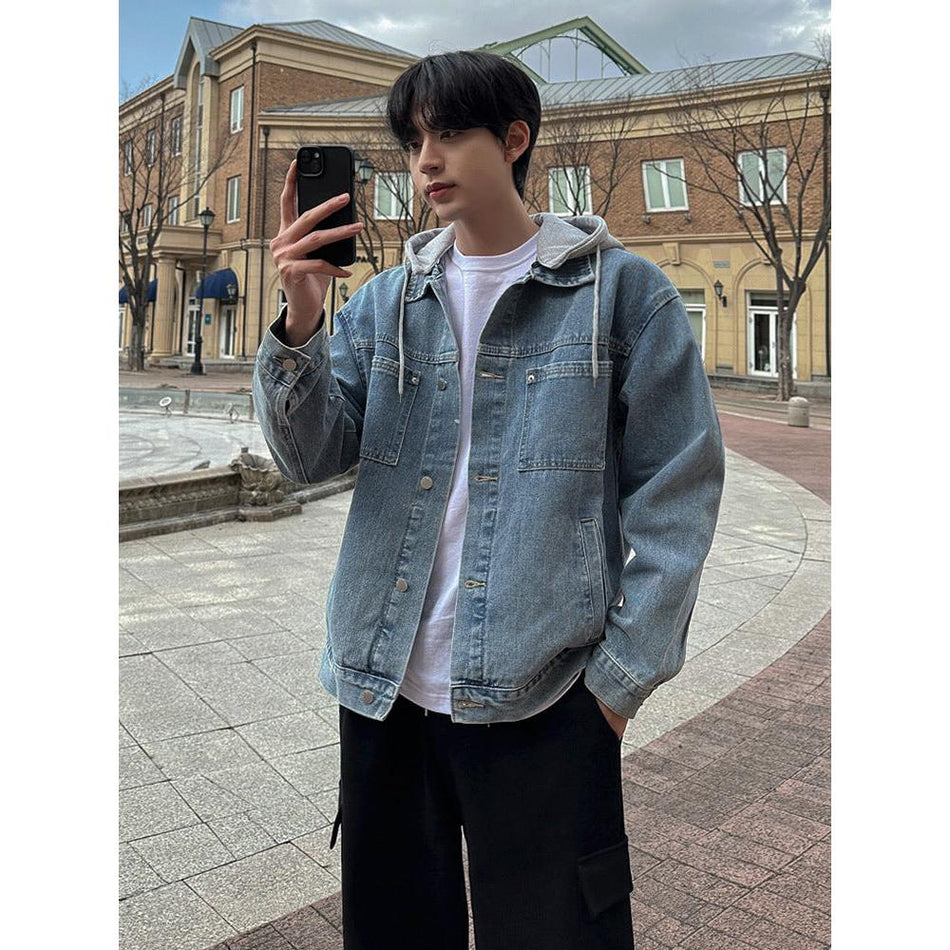 Men’s Fake Two-Piece Hooded Denim Jacket Autumn Casual