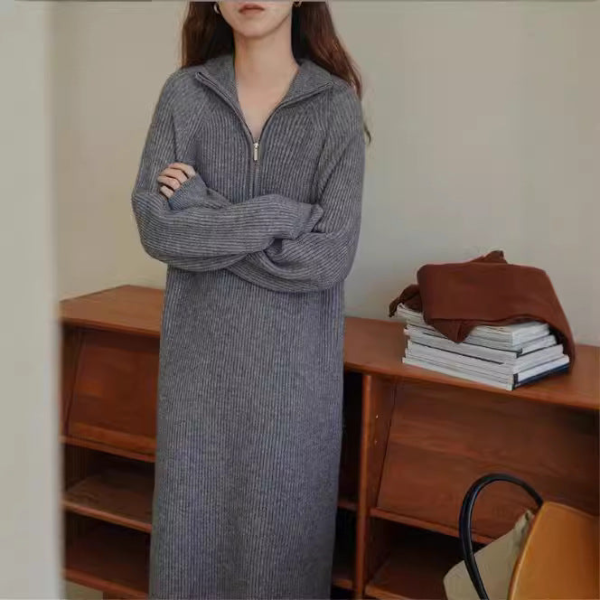 INSTOCK-Women's Korean Over-The-Knee Knitted Sweater Dress
