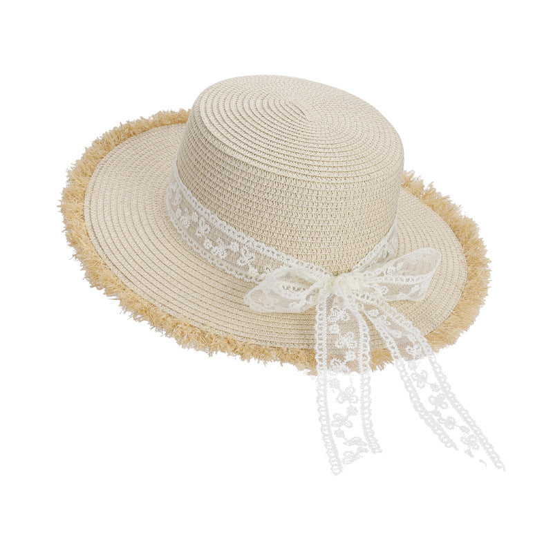 Women's Lace Bow Wide Brim Straw Sun Hat Korean Style