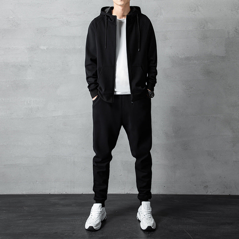 STOCK-Men's Autumn-Winter Cotton Hooded Cardigan Sports Two-Piece