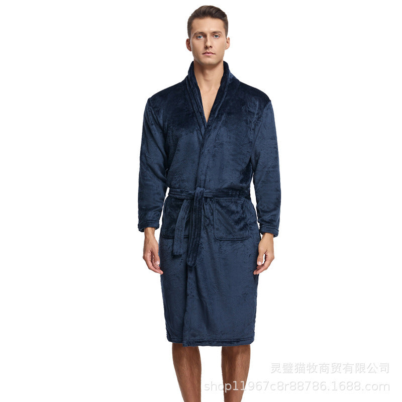 Men’s Winter Flannel Bathrobe – Thick Coral Fleece Nightgown
