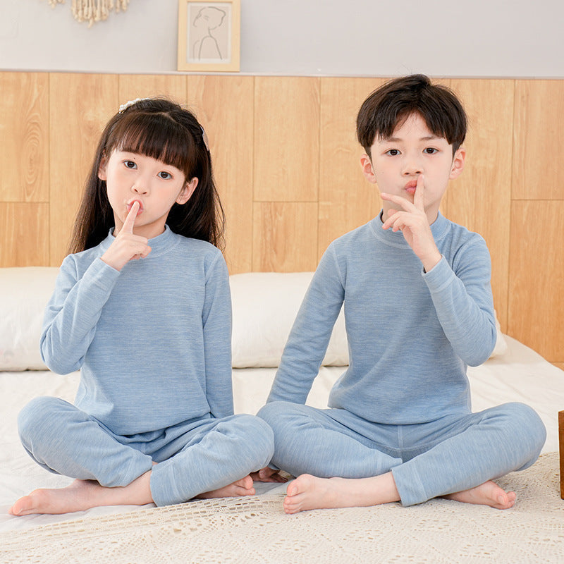 Children Wool Silk Mid Collar Thermal Pajama Set Winter