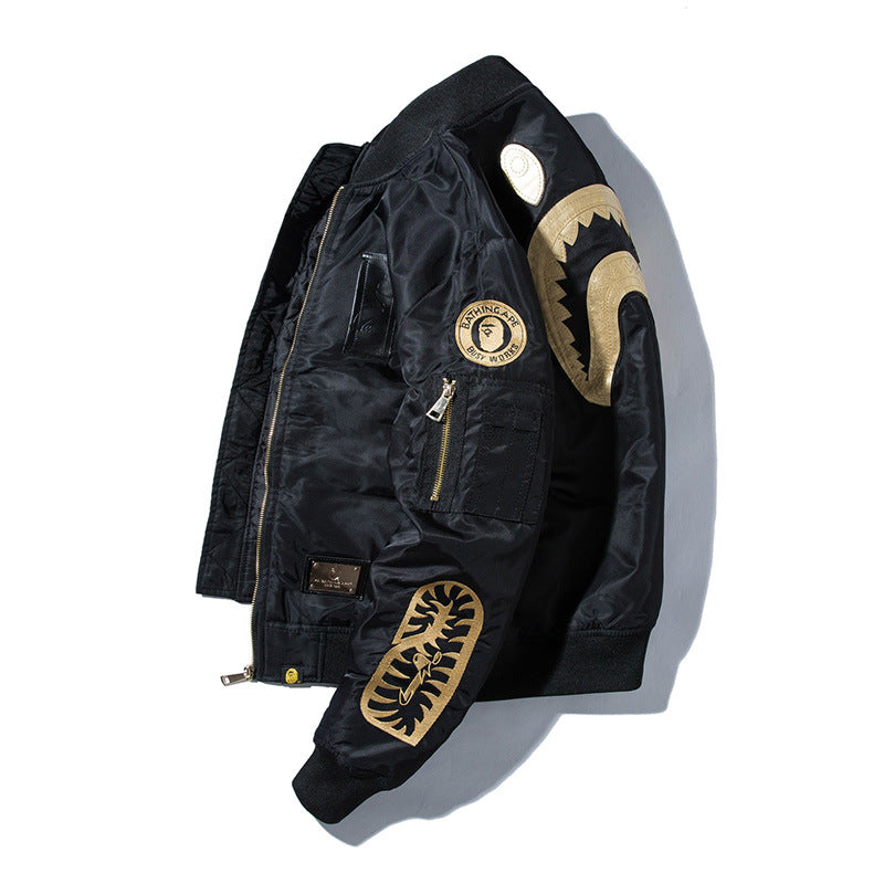 Men’s Embroidered Shark Baseball Jacket Autumn Winter Loose