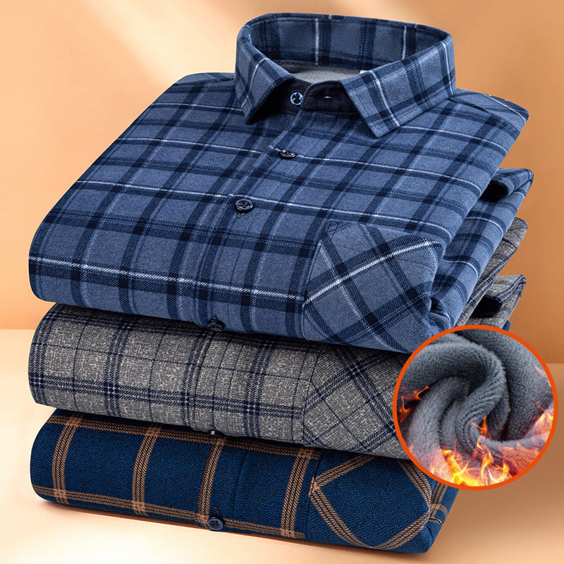 INSTOCK-Velvet-Lined Thick Plaid Shirt Men’s Autumn Winter Casual