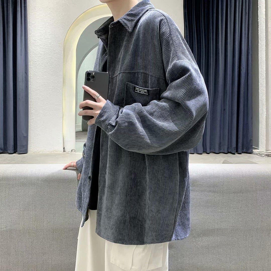 Men's Hong Kong Style Corduroy Loose Long-Sleeve Jacket Shirt