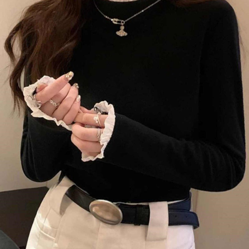 Stand Collar Lace Velvet Slim Base Shirt