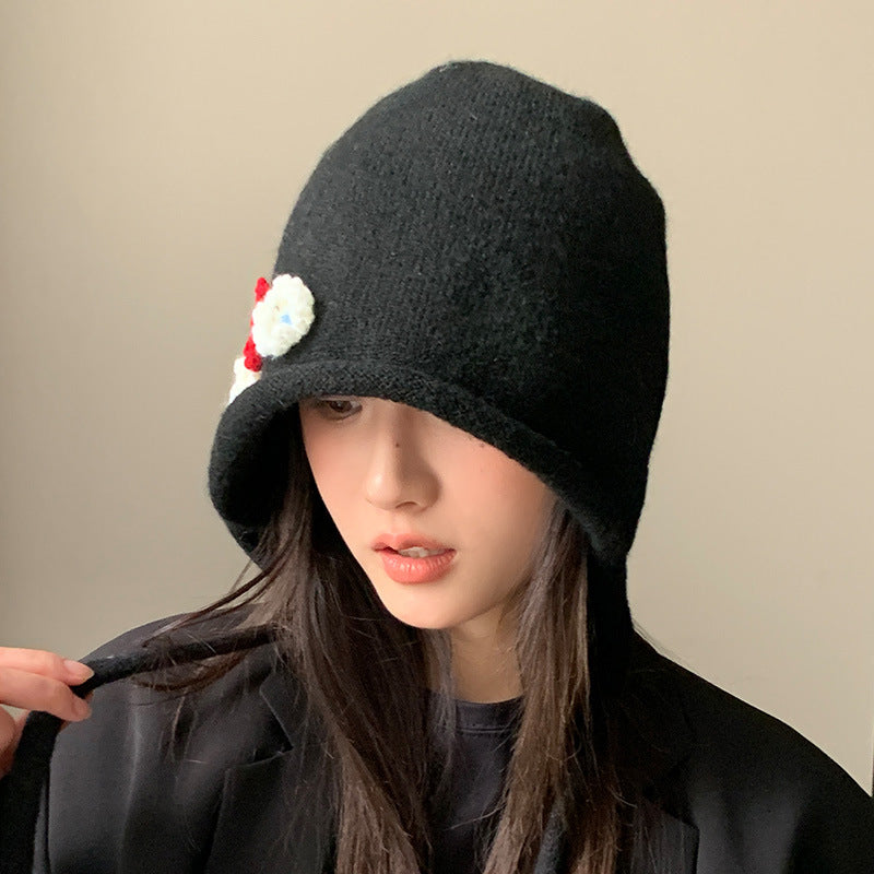 Korean Floral Knitted Bucket Hat – Autumn & Winter