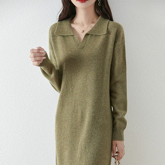 Korean Style Polo Collar Mid-length Knitted Sweater Dress