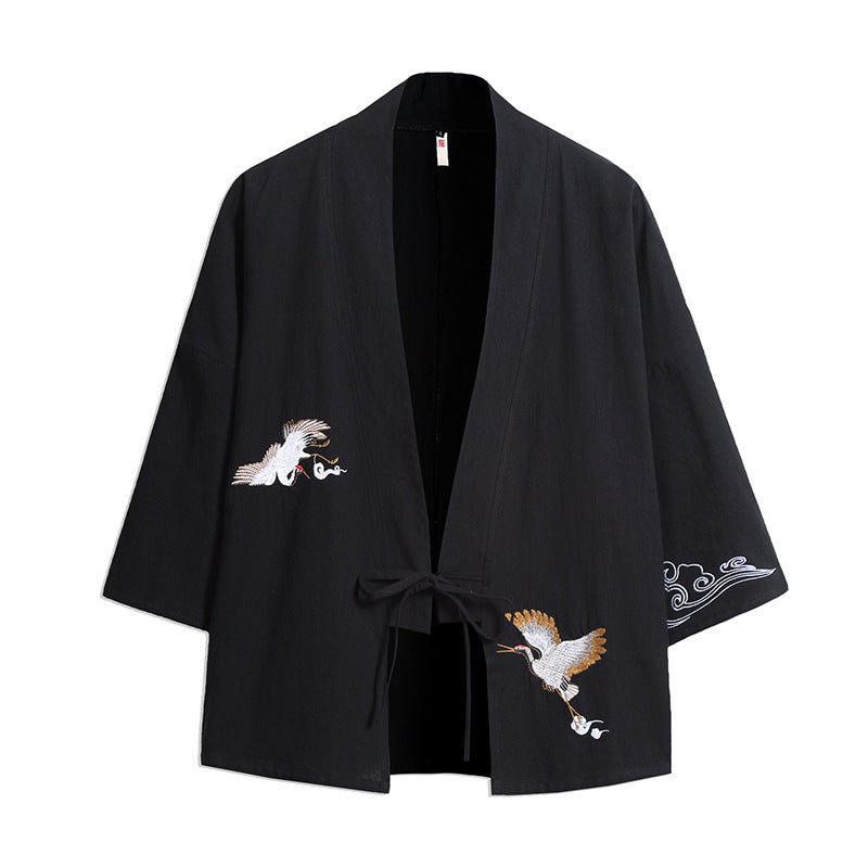 Men’s Crane Embroidery Kimono Chinese Style Robe