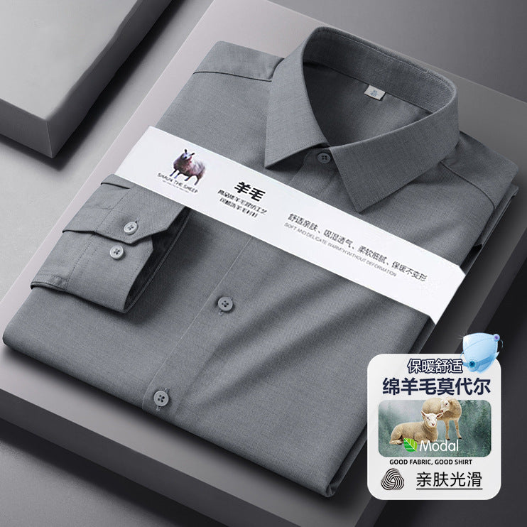 Men's Warm White Long-Sleeve Business Wool-Modal Shirt