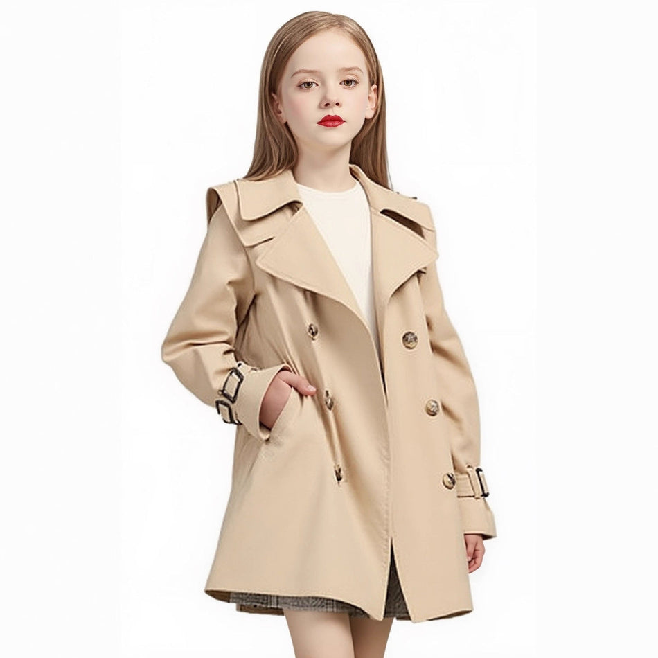 STOCK-Girls’ Mid-Length Hooded Trench Coat