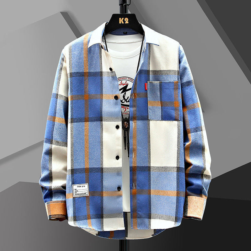 STOCK-Men’s Spring Autumn Loose Plaid Casual Shirt Korean Style