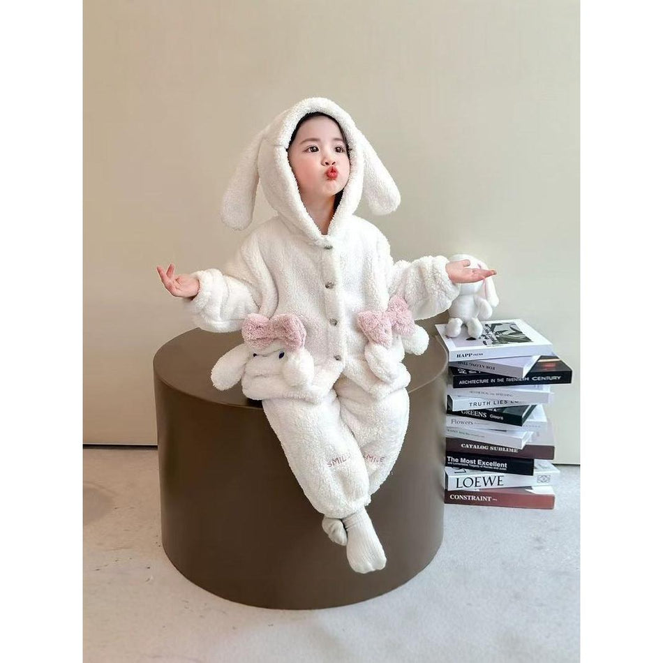 Girls Cartoon Bunny Hooded Pajama Set – Winter Wear