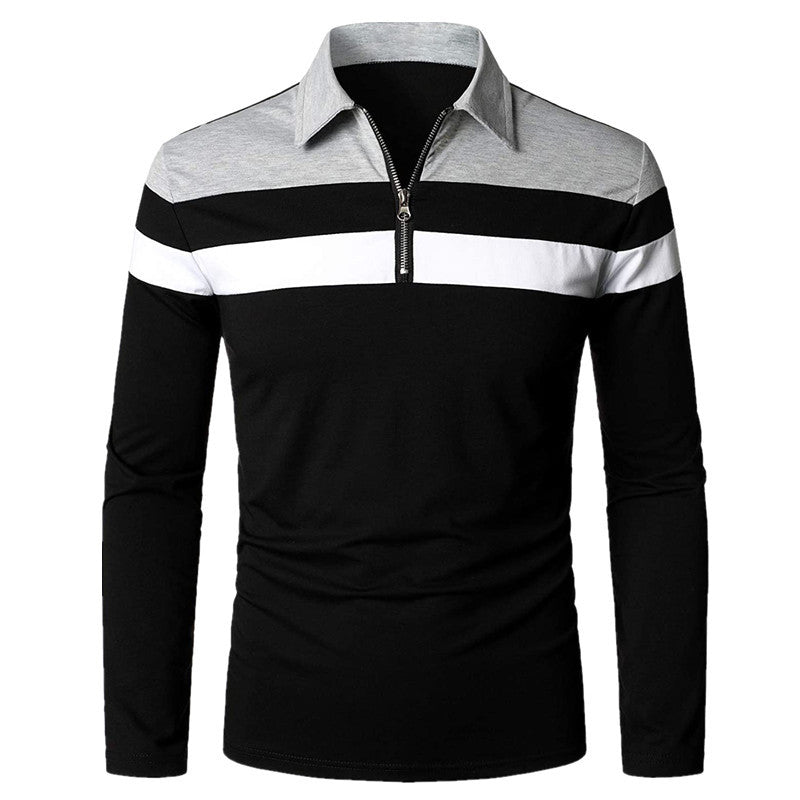 STOCK-Men’s Long Sleeve Slim Polo Shirt Contrasting Stitching