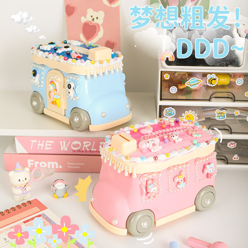 Cream Gel Cartoon Bus Piggy Bank – Kids Coin Storage