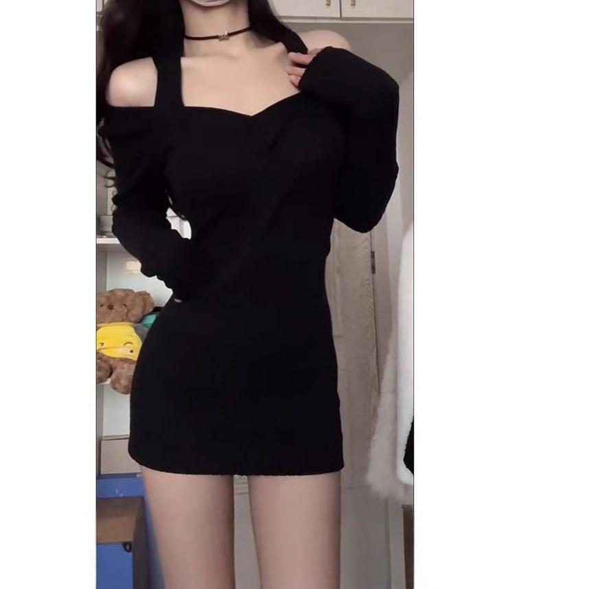 Pure Desire Black Off Shoulder Knitted Slim Dress Women Wear