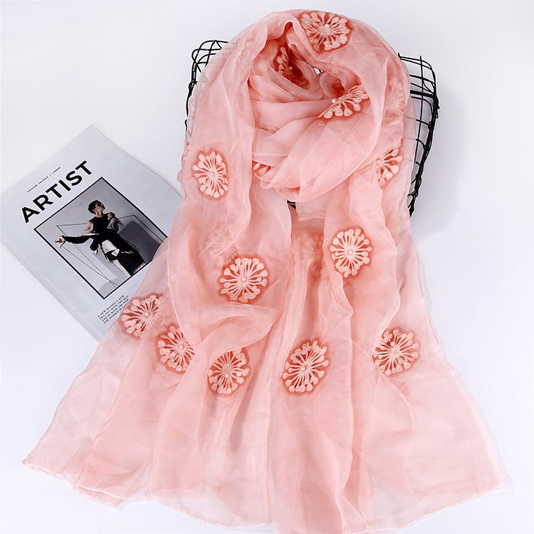 Korean Ice Silk Embroidered Scarf | Summer Polka Dot Shawl