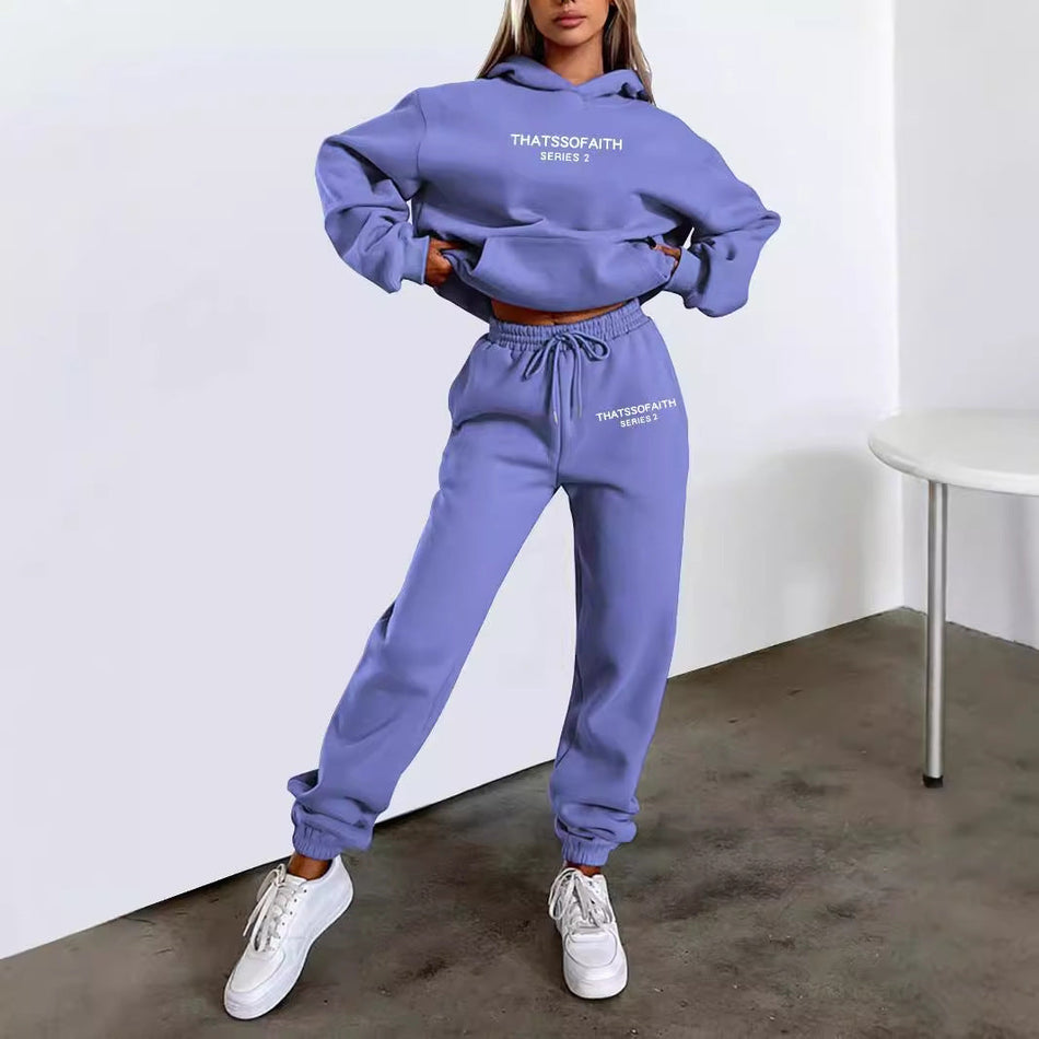 Women Letter Print Hooded Sweatshirt Fleece Suit Set Casual