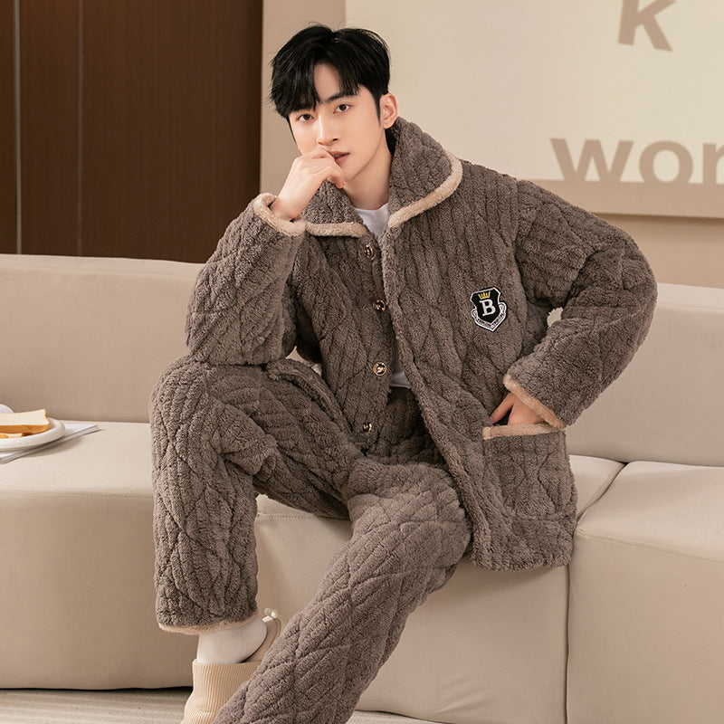 Men’s Winter Coral Velvet Quilted Fleece-Lined Pajamas