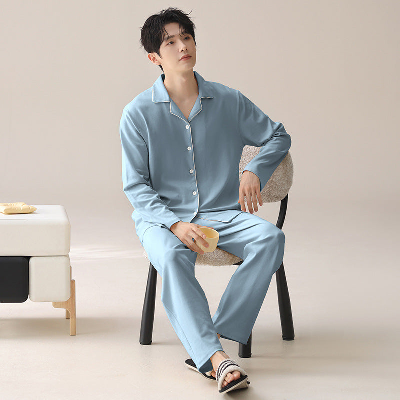 Men’s Cotton Pajama Set Lapel Cardigan Long Sleeve Loungewear
