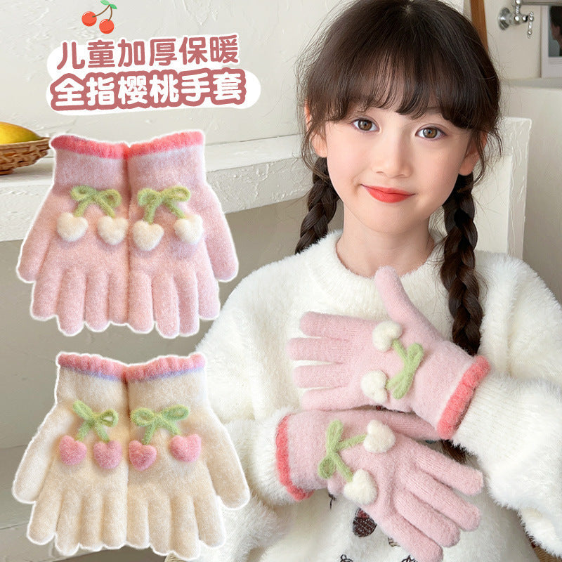 Children Autumn Winter Cartoon Five Finger Fleece Gloves Set