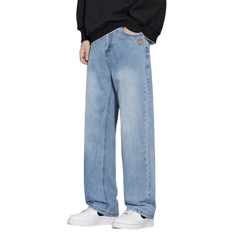Men’s American Style Fleece-Lined Loose Straight Wide-Leg Jeans