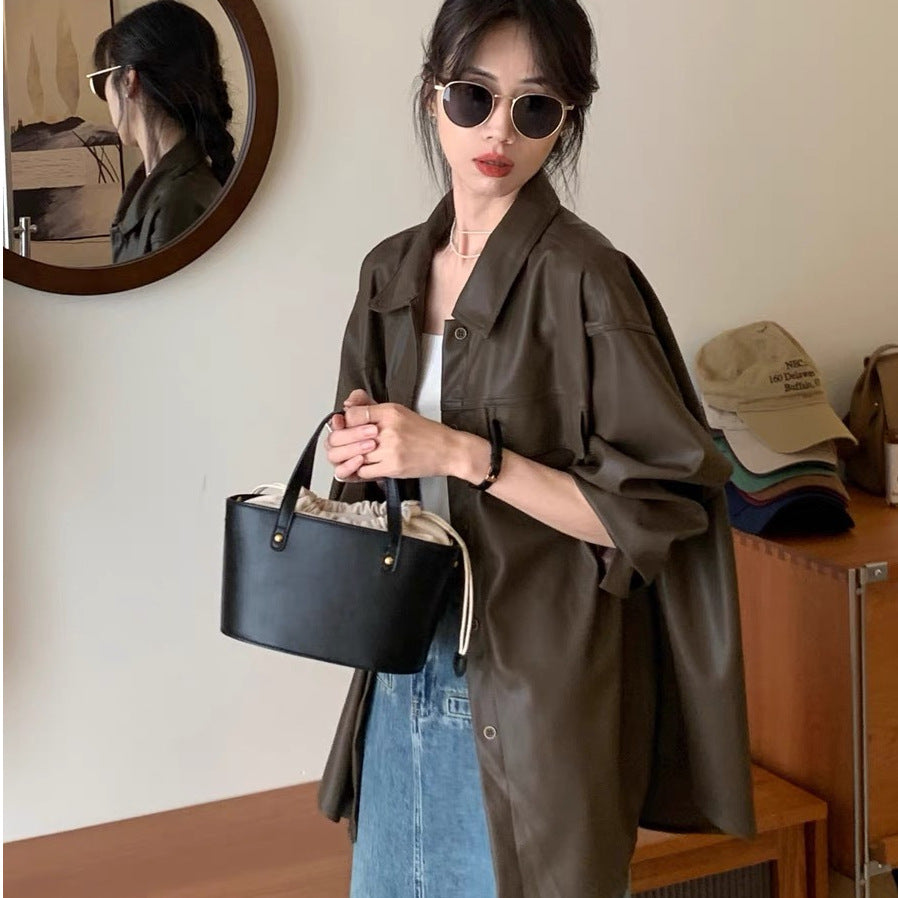 Women’s Coffee PU Leather Mid-Length Jacket