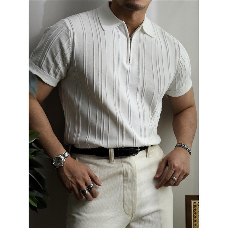 Men's Short-Sleeved Half-Zipper Striped Polo Summer Top