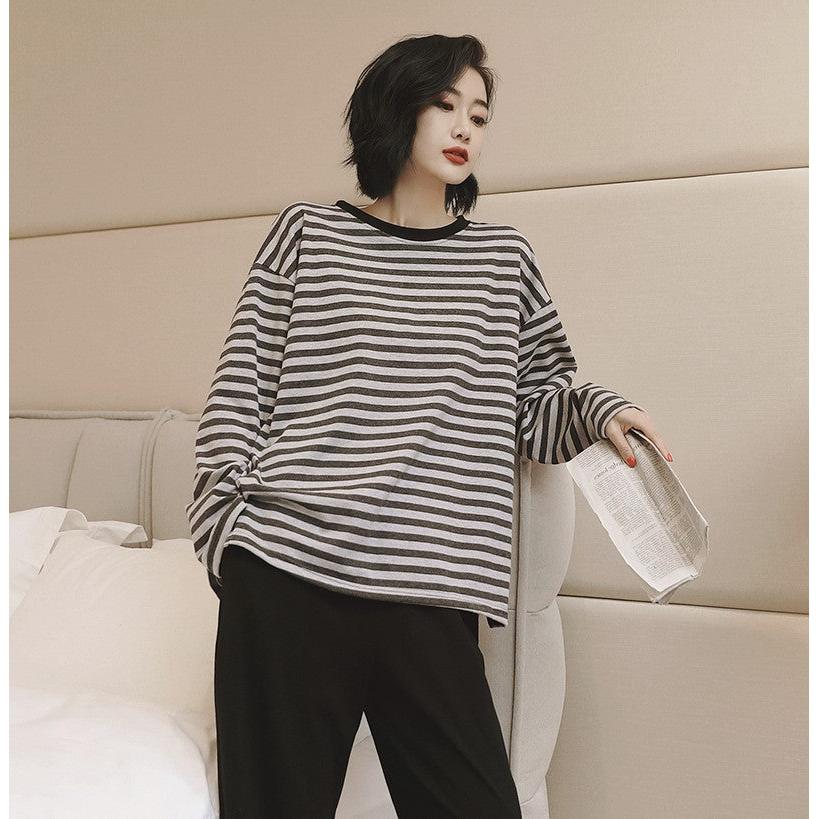 STOCK-Korean Striped Pajama Set – Sweet Loose Fit for