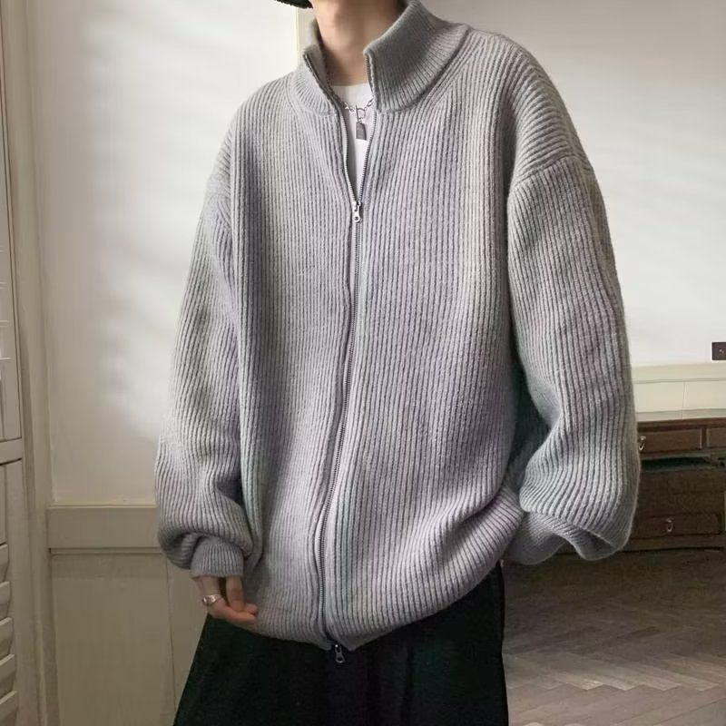 Men’s Zipper Knit Cardigan – Retro Japanese Loose Style