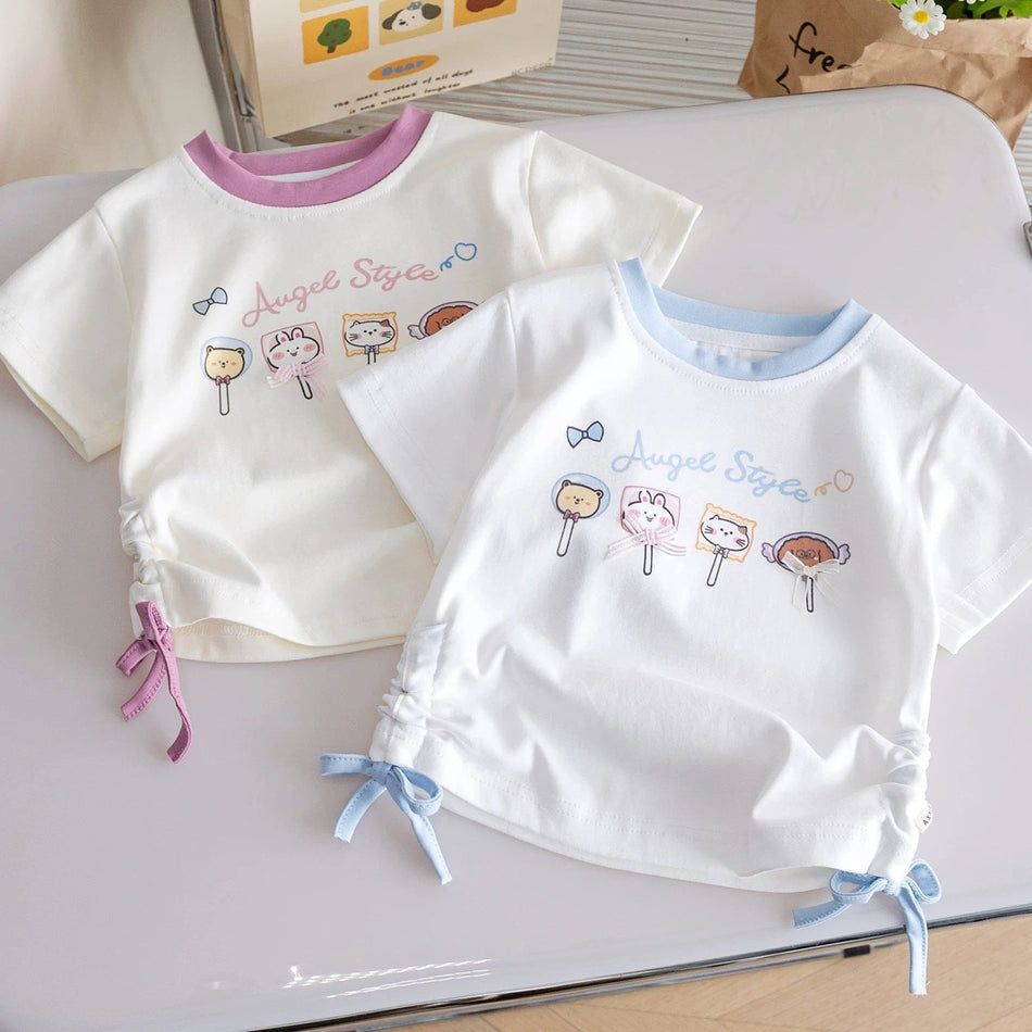 Girls’ Cotton Cartoon T-Shirt – Cute Drawstring Design