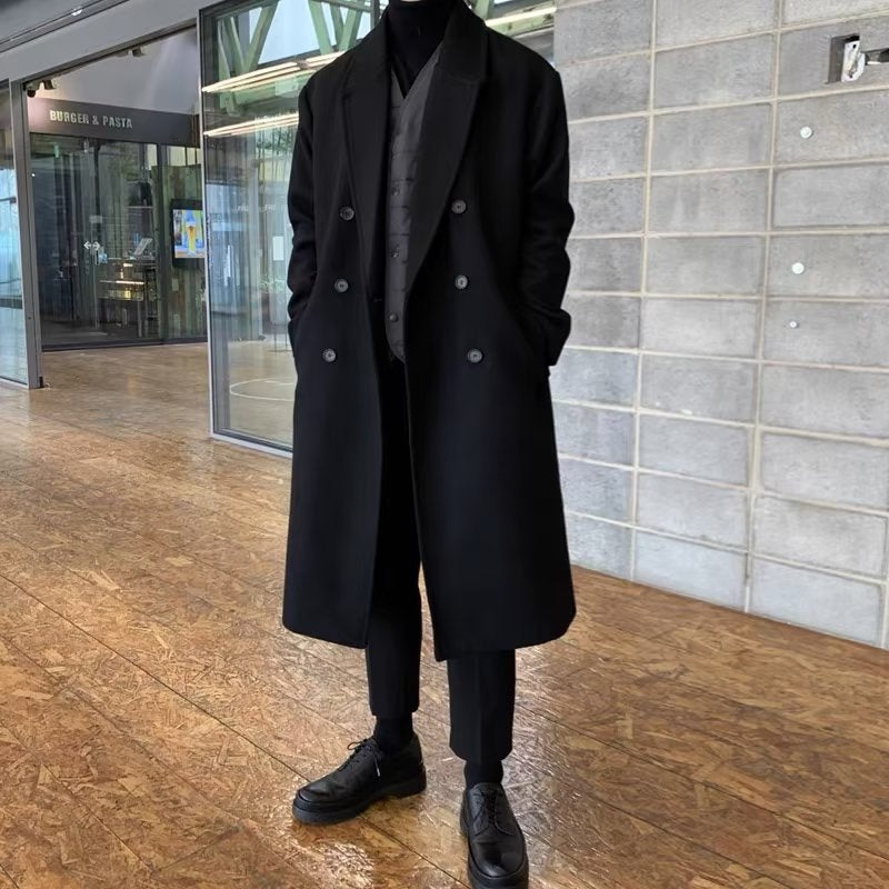 STOCK-Men’s Woolen Pu Coat – Loose Mid-Length Double-Breasted