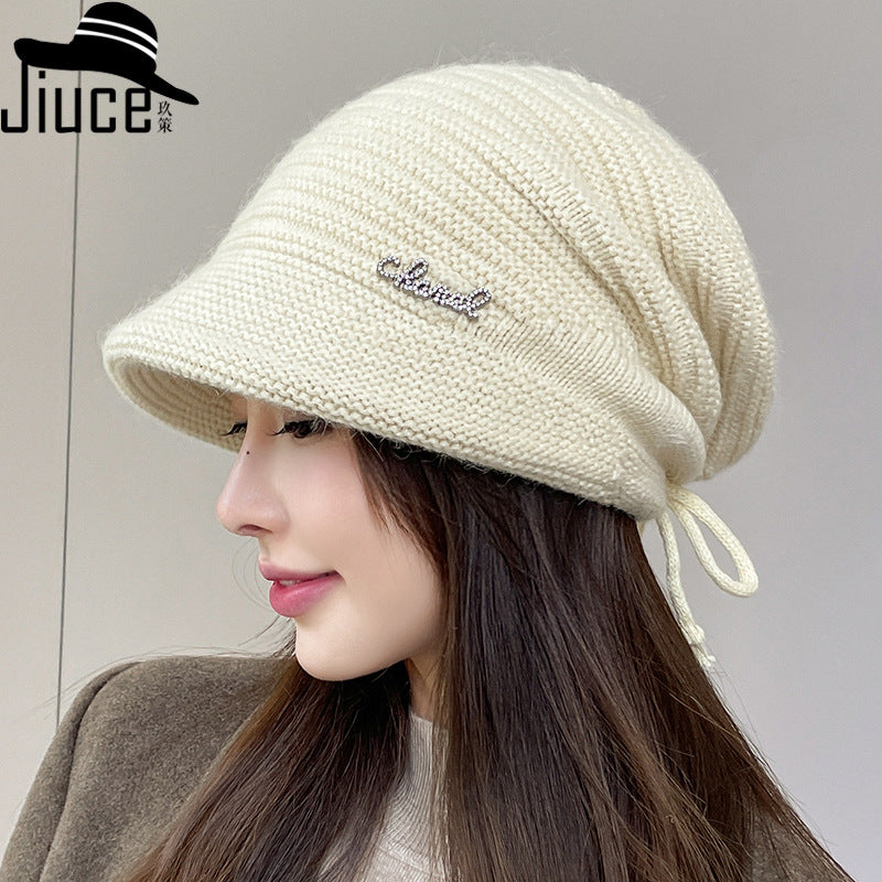 Women’s Double-Layer Rabbit Hair Knit Drawstring Hat