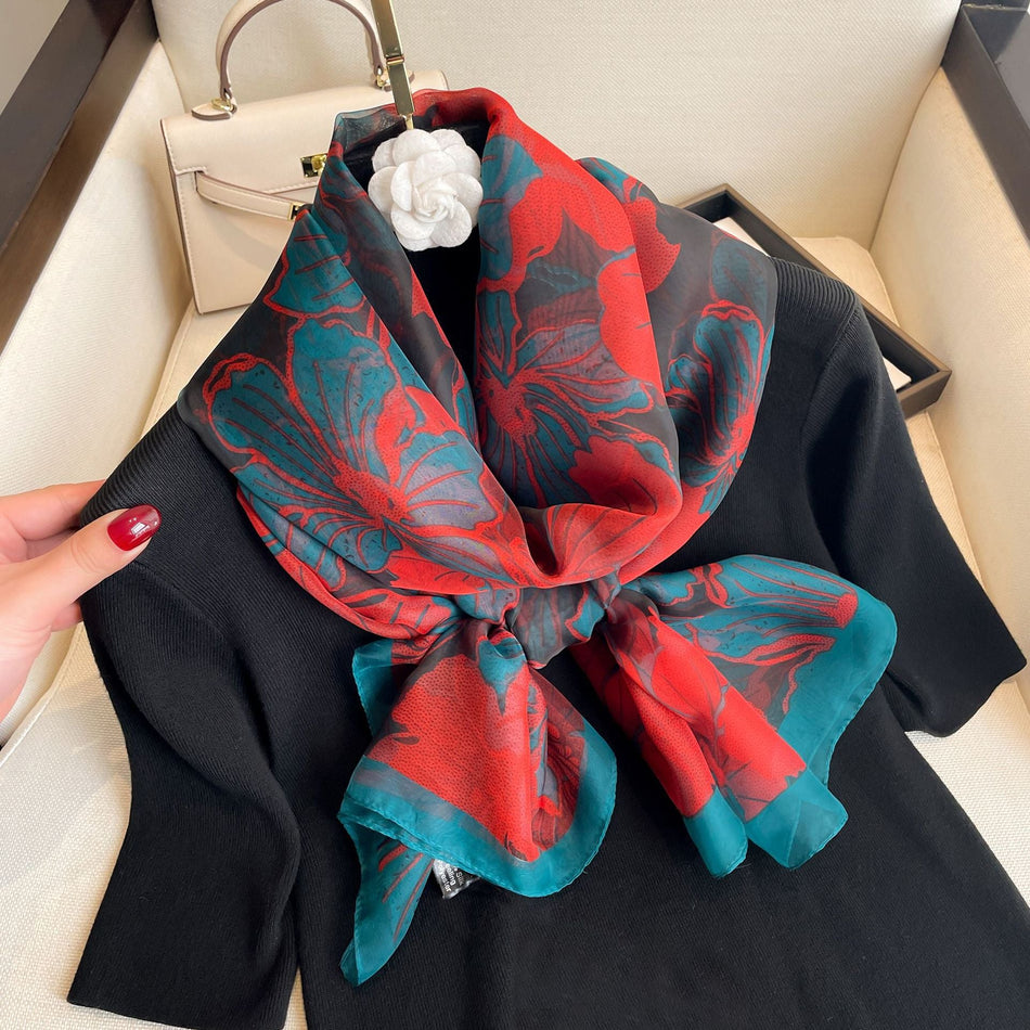 Korean Style Floral Sunscreen Scarf | Retro Long Thin Shawl