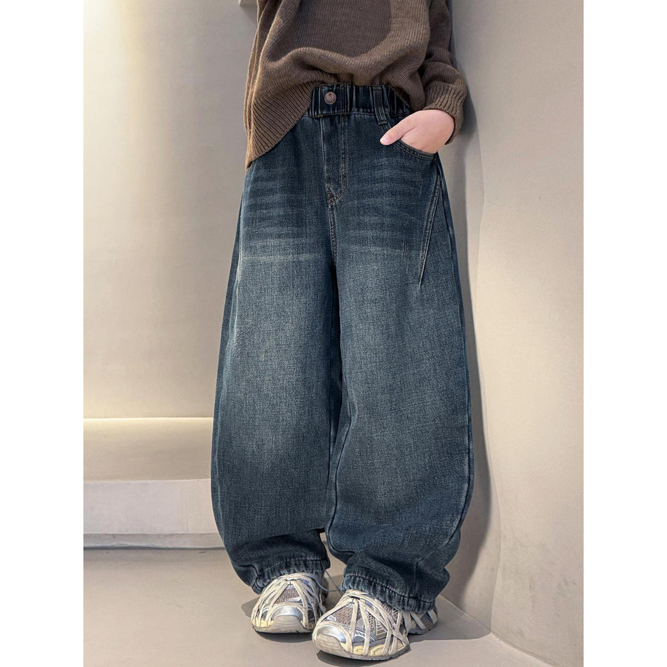 Boys’ Winter Fleece Jeans Thickened Casual Pants