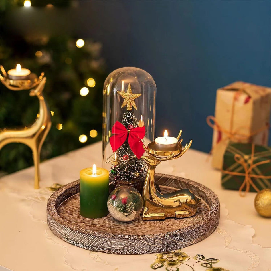 Retro Paulownia Round Candle & Tray Ornament