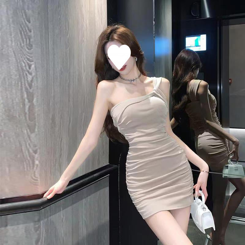Oblique Shoulder Pleated Mini Dress for Slim Hip Girls Looks