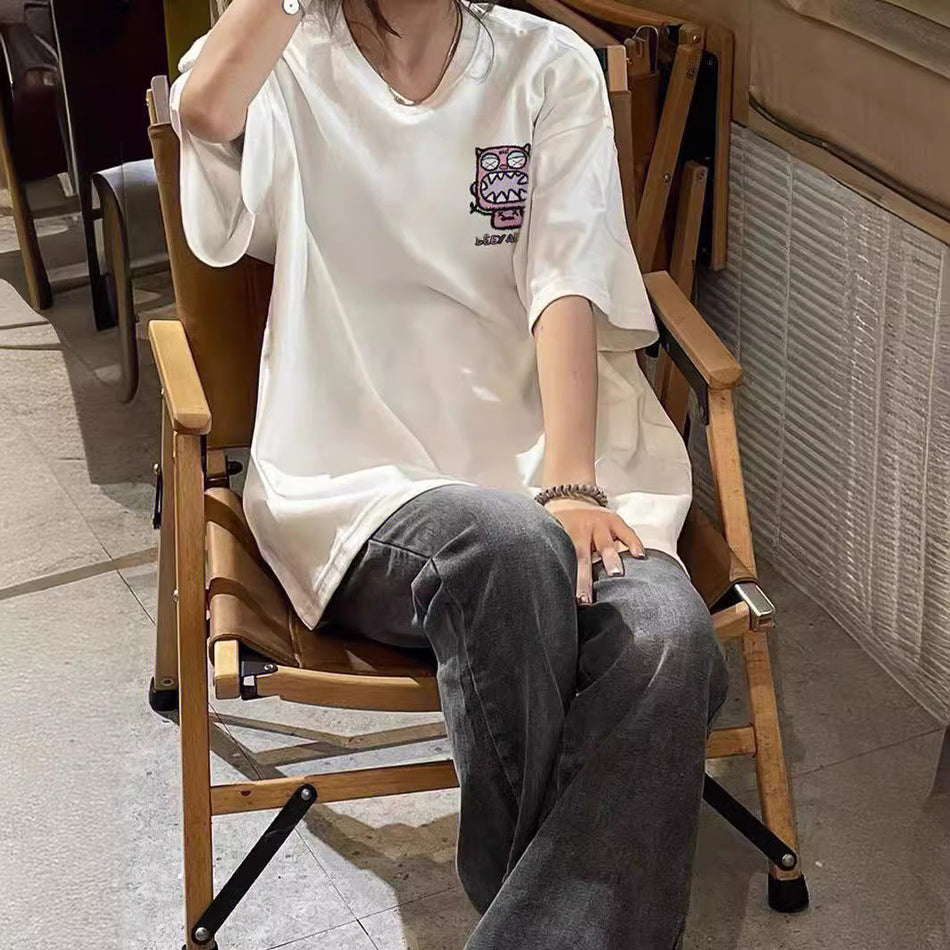 White Shoulder T-shirt | Loose Oversize Summer Hip-Covering Top