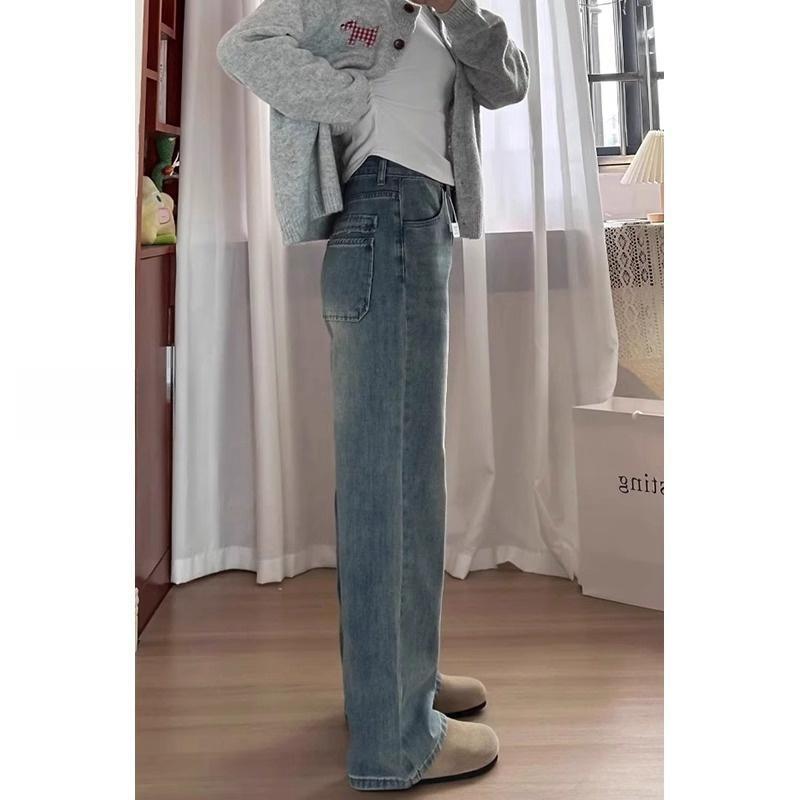 Vintage Blue Fleece-Lined Wide Leg Jeans