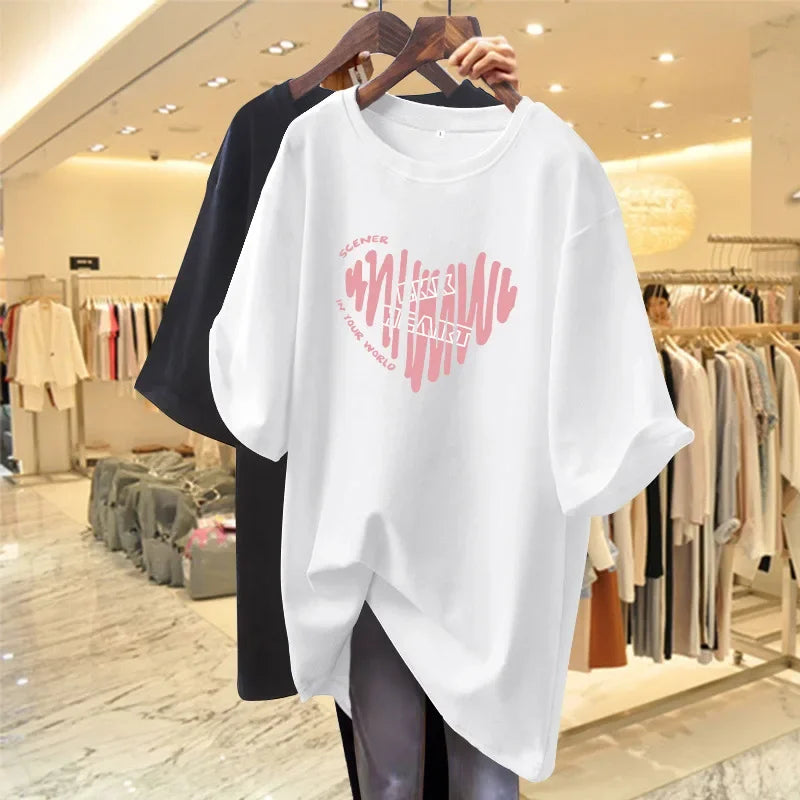 Pink Cotton Loose T-Shirt – Summer Mid-Length Tee